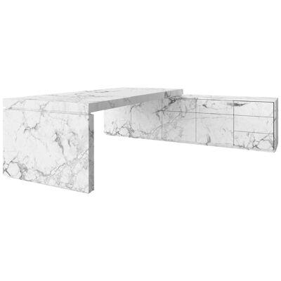 Desk with Sideboard, White Marble, 265x250x75cm, Germany Handcrafted pc1/1