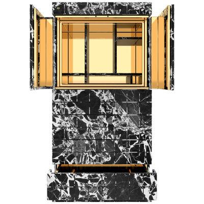 Cocktail Bar/ Cabinet, Black, White Marble, Gold, Brass 60x60x210cm, Handcrafted