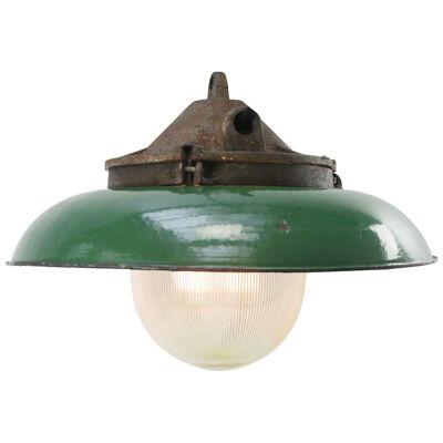 Green Enamel Vintage Industrial Cast Iron Holophane Glass Pendant Lamps