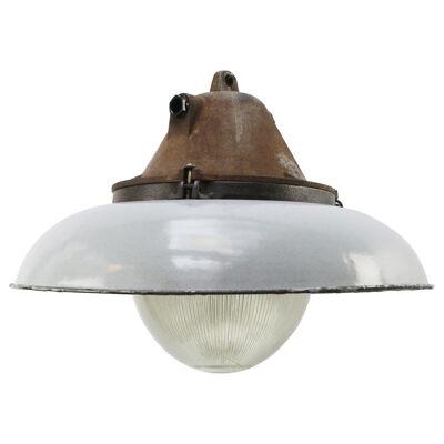 White Grey Enamel Vintage Industrial Cast Iron Holophane Glass Pendant Lamp