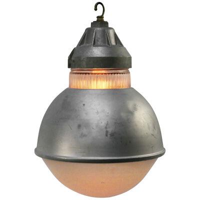 Grey Vintage Industrial Striped Frosted Glass Pendant Lamp by Holophane, Paris