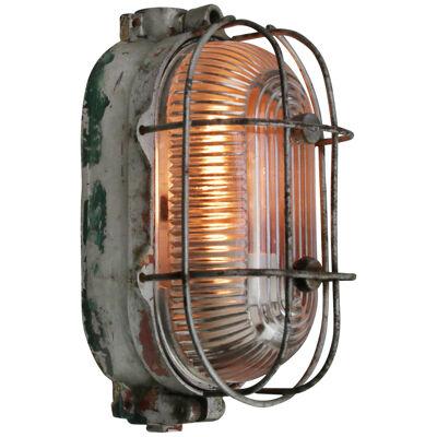 Cast Iron Vintage Industrial Holophane Striped Glass Wall Lamp Scone