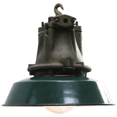 Vintage French Industrial Green Enamel Cast Iron and Clear Glass Pendant Lamp 