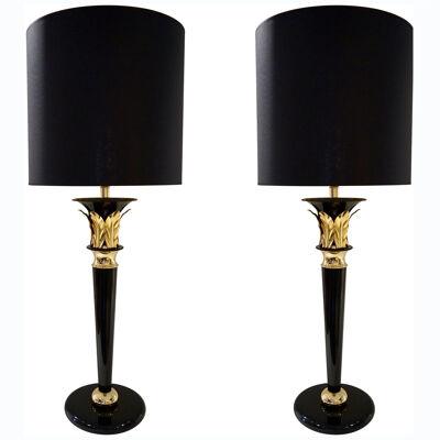 1970 Italian Hollywood Regency Pair of Black Lacquered and Gold Leaf-Motif Lamps
