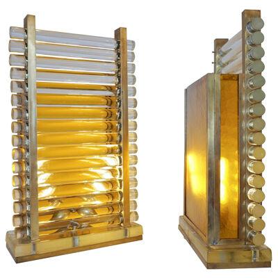 1970s Italian Postmodern Pair of Gold Brass and Crystal Glass Urban Design Lamps
