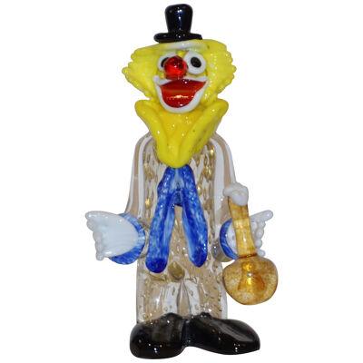 Modern Italian Yellow Black Murano Glass Clown Sculpture with Bottle & Blue Tie