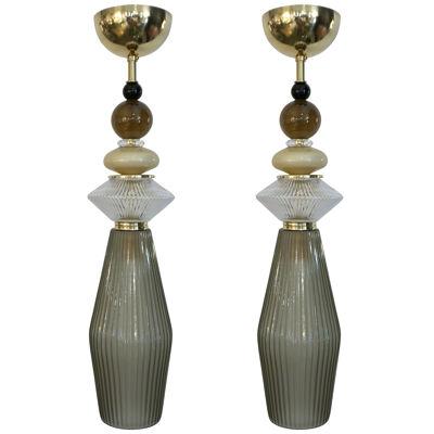 Custom Italian Crystal Gold and Gray Green Murano Glass Pair of Pendant Lights