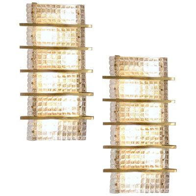 1970s Italian Large Rectangular Brass and Clear Crystal Murano Glass Sconces