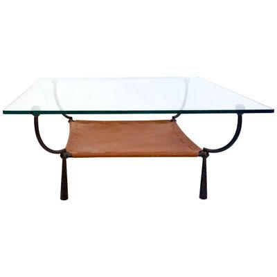1970 Banci Vintage Italian Wrought Iron Brown Leather Square Glass Coffee Table 