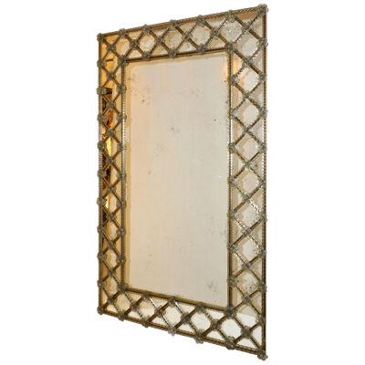 Contemporary Italian Venetian Geometric Amber Gold Murano Glass Lattice Mirror