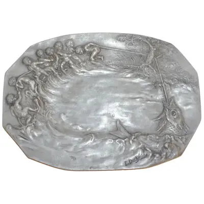 1900s French Art Nouveau Sculpted Pewter Dish with Fishing Putti in Relief	