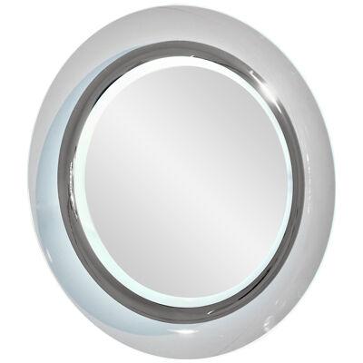 Contemporary Italian Minimalist Curved Silver & Frosted Glass Round Lit Mirror