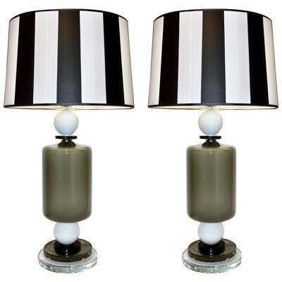 1980s Italian Geometric Pair of White Black and Silver Gray Murano Glass Lamps