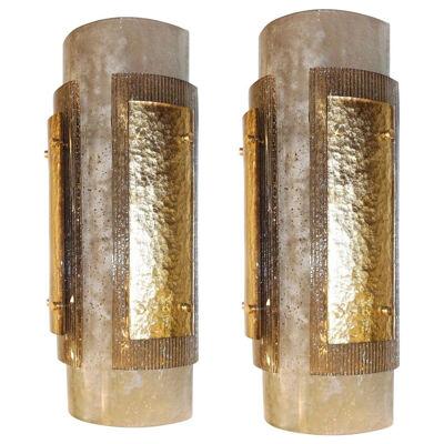 Italian Pair of Modern Gold Smoked Gray and Frosted Ivory Murano Glass Sconces