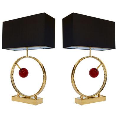 Contemporary Italian Monumental Pair of Brass & Red Murano Glass Console Lamps