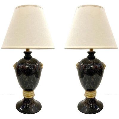Seguso 1960s Italian Pair of Vintage Black and Gold Murano Glass Urn Shape Lamps