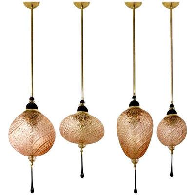 Bespoke Italian Set of 4 Black & Pink Crystal Murano Glass Brass Pendant Lights