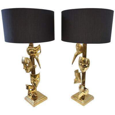 One-of-a-Kind Italian Pair of Carnival Lamps Decorated with Cast Bronze Masks	