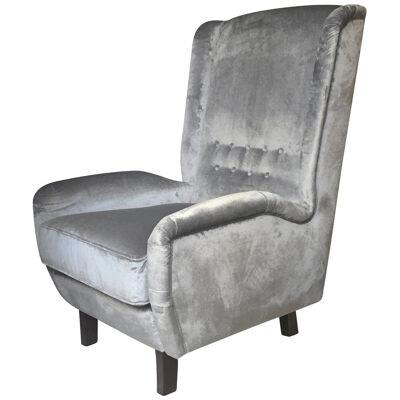 Contemporary Italian Gio Ponti Style Gray Velvet High Back Modern Armchair