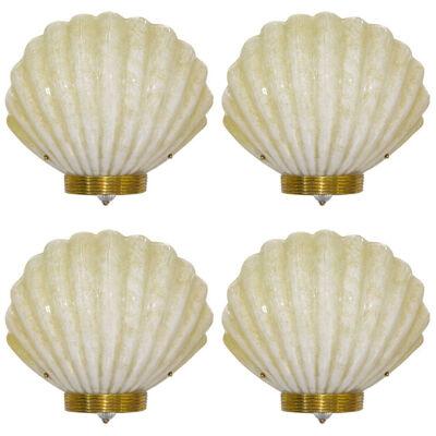 1970s Art Deco Style Vintage Shell Sconces in Gold & White Murano Glass	