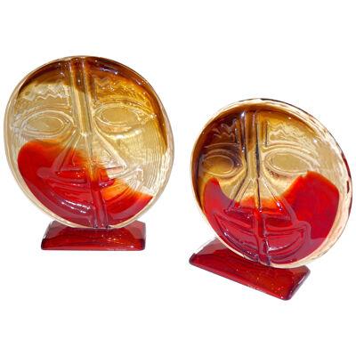Cesare Toso 1970s Pair of Abstract Red and Amber Murano Art Glass Round Faces