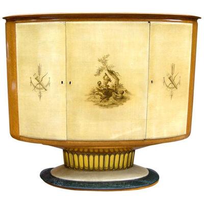 1940 Art Deco Italian Antique Cream Parchment & Birds Eye Maple Cabinet/Bar	