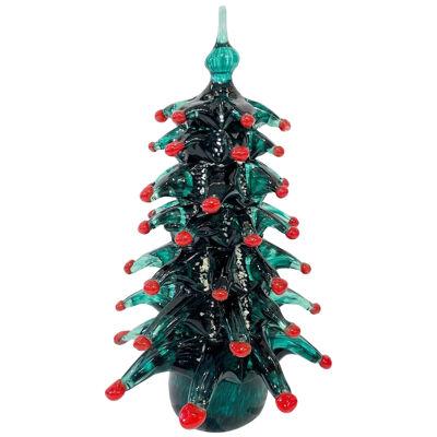 Contemporary Italian Modern Green Red Murano Glass Christmas Tree Sculpture