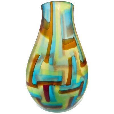 Afro Celotto Early 2000s Italian Turquoise Yellow Green Amber Murano Glass Vase