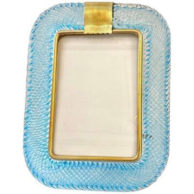 1980s Italian Vintage Aquamarine Blue Twisted Murano Glass & Brass Picture Frame