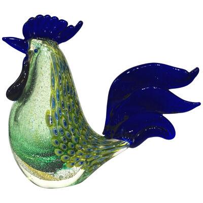 1980s Italian Vintage Silver Navy Blue Green Murano Art Glass Hen Bird Sculpture
