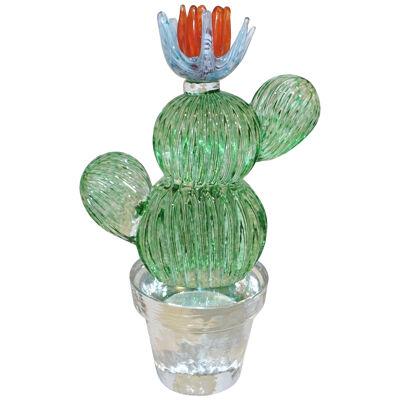 1990s Marta Marzotto Vintage Murano Glass Green Cactus Plant & Blue Coral Flower