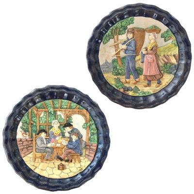 1880 French Country Pair of Navy Blue Edged Folk Art Majolica Decorative Plates	