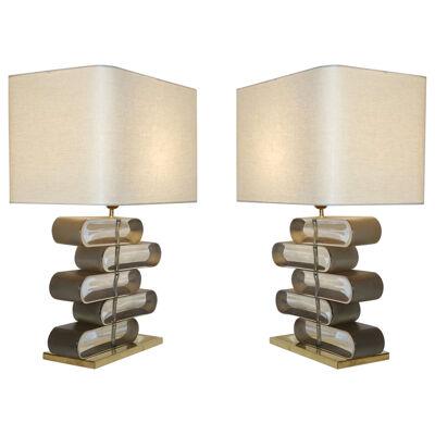 Italian Modern Pair of Brass and Bronze Murano Glass Architectural Table Lamps