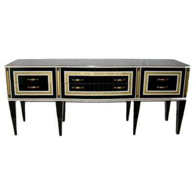 1950s Italian Art Deco Style Black Glass Sideboard with White and Bronze Insets	