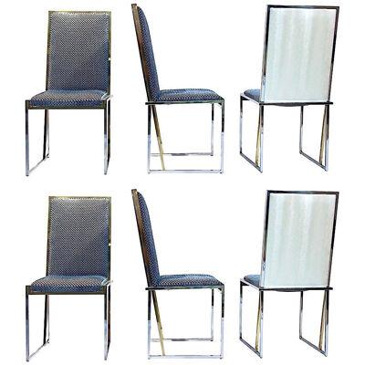 Liwan's 1970s Italian 6 Blue & Satin White Fabric Brass & Chrome Modern Chairs	