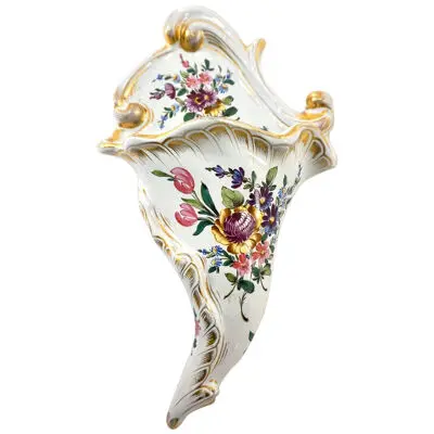 1870s Antique French Faience Pottery White Pink Gold Flower Holder Wall Pocket