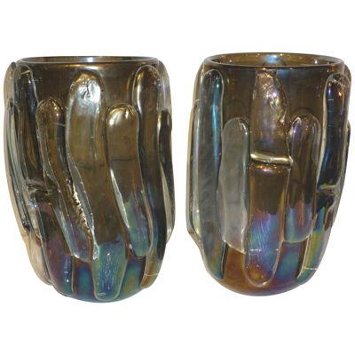 Cenedese Italian Modern Pair of Iridescent Black Smoked Murano Glass Vases