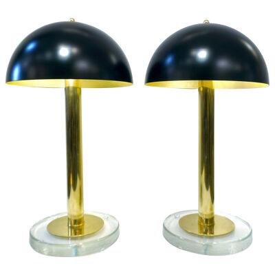 Italian Modern Pair of Art Deco Design Black and Gold Lacquer Brass Dome Lamps
