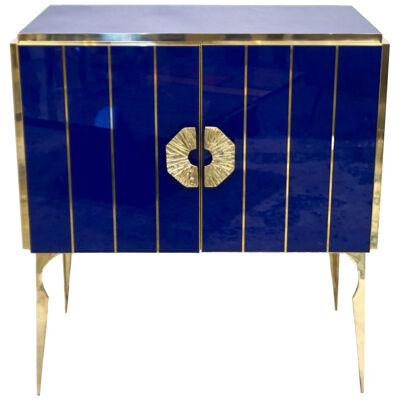 Contemporary Italian Custom Art Deco Style Royal Blue Glass Modern Cabinet /Bar 