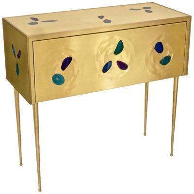 Bespoke Italian Design One-Drawer Brass Console with Blue Green Purple Agate
