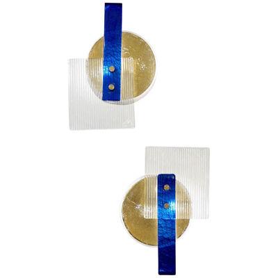Italian Pair of Abstract Modern Gold Sapphire and Crystal Murano Glass Sconces	