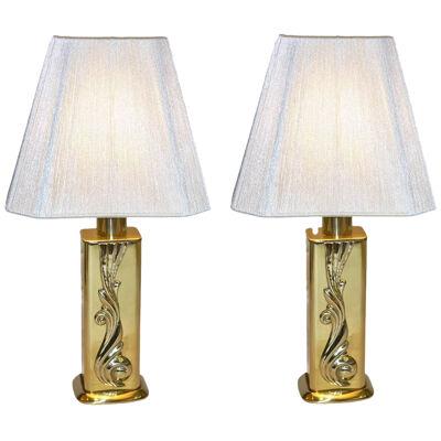Lipparini 1960s Italian Vintage Pair of Gold Brass Lamps with White Silk Shades