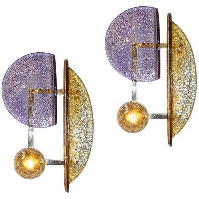 Contemporary Italian Pair of Amethyst and Amber Murano Glass Gold Brass Sconces
