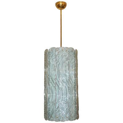 Modern Italian Aquamarine Crystal Murano Glass Tall Brass Lantern / Chandelier