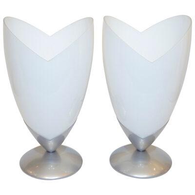 1970s Italian Pair of Satin Nickel & White Glass Organic Tulip Lamps by Tronconi