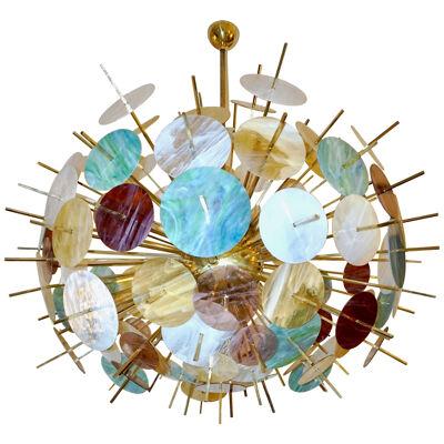 Italian Contemporary Brass & Pastel Murano Glass Oval Sputnik Modern Chandelier