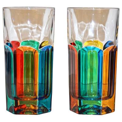 Modern Italian Multicolor Blown Murano Glass Pair of Drinking Tumblers Cups
