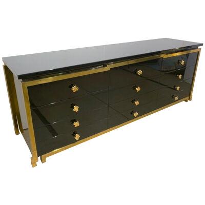 1970s Italian Vintage Brass & Black White Lacquer 12-Drawer Dresser/Sideboard
