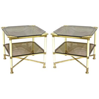 1970s Vintage Italian Pair of Smoked Glass and Ivory 2-Tier Brass Side Tables
