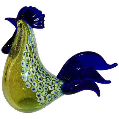 Seguso 1980 Italian Silver Navy Blue Apple Green Murano Glass Hen Bird Sculpture